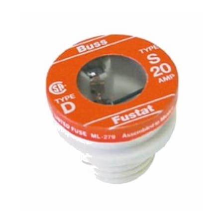 Eaton Bussmann Plug Fuse, S Series, Time-Delay, 20A, 125V AC, Indicating, 10kA at 125V AC BP/S-20